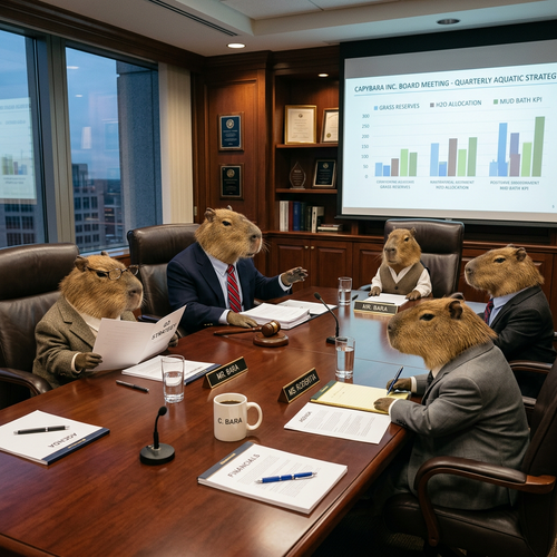 Capybara board meeting in a corporate setting with a projector screen displaying graphs.