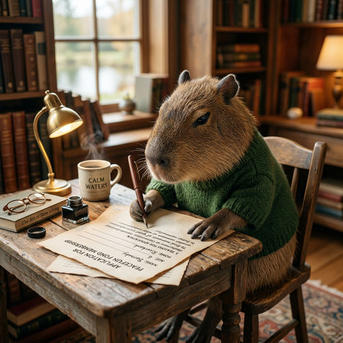 Capybara in a green sweater writing at a desk with books and a lamp in the background