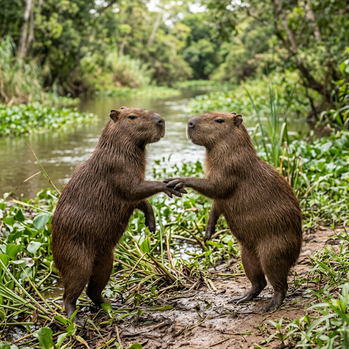 Two capybaras standing on a riverbank with a natural, green background